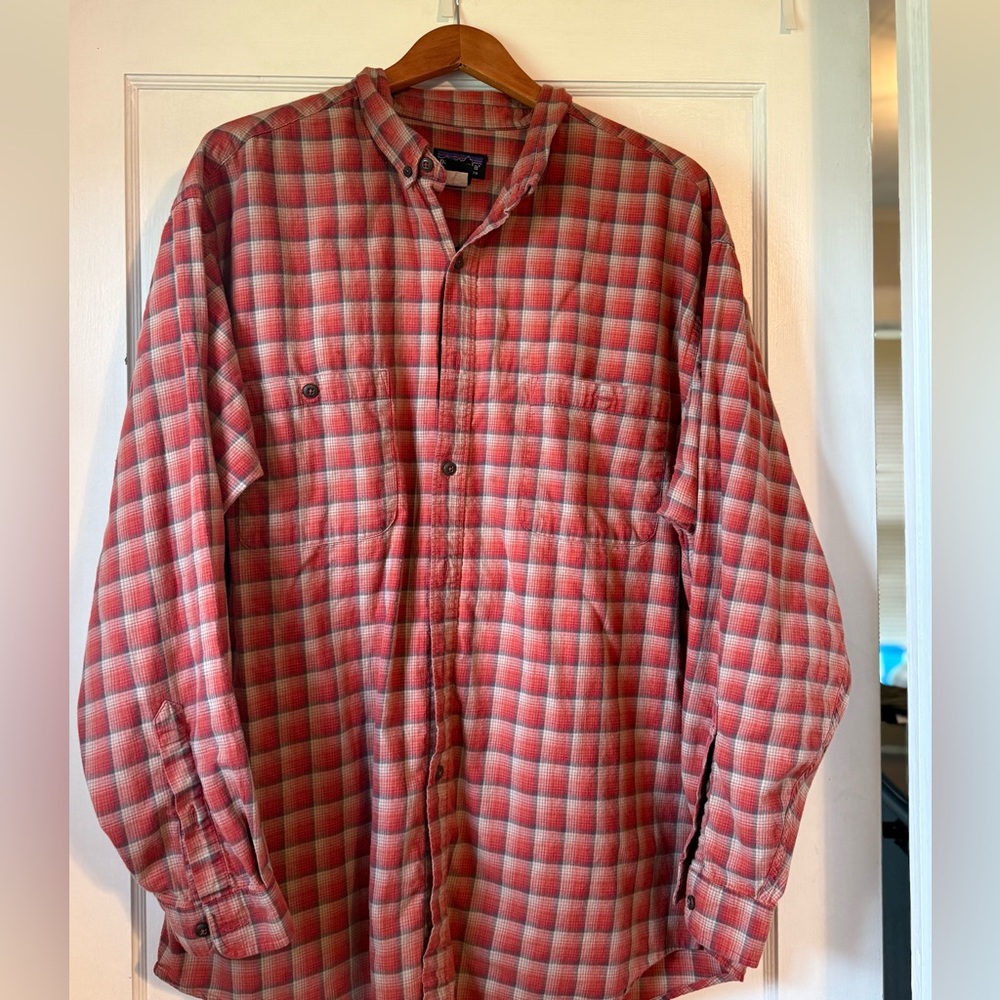 Patagonia burnt Orange Plaid Organic Cotton button down Shirt- very warm-Size XL - Picture 2 of 4